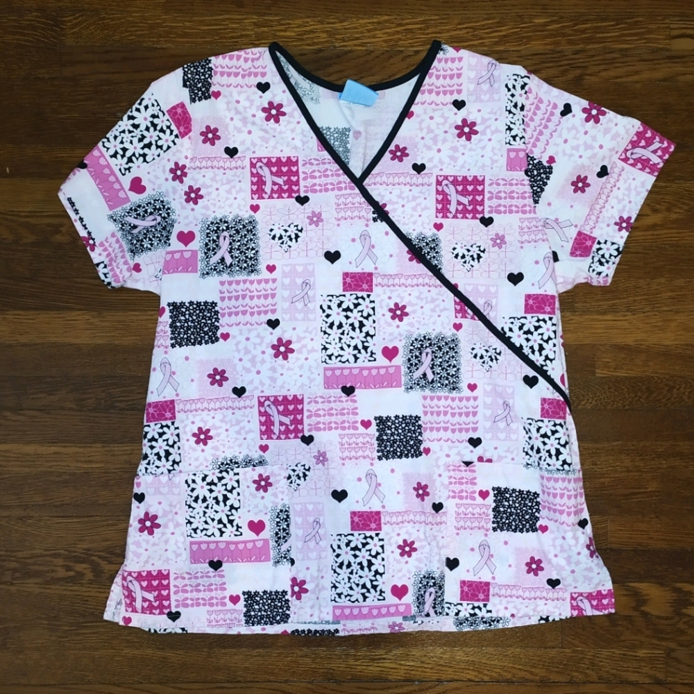 EUC Scrub HQ breast cancer ribbons floral scrub